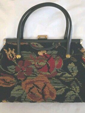 Vintage 50s 60s Carpet Bag Floral Top Handle Tapestry Boho Chic Purse Handbag